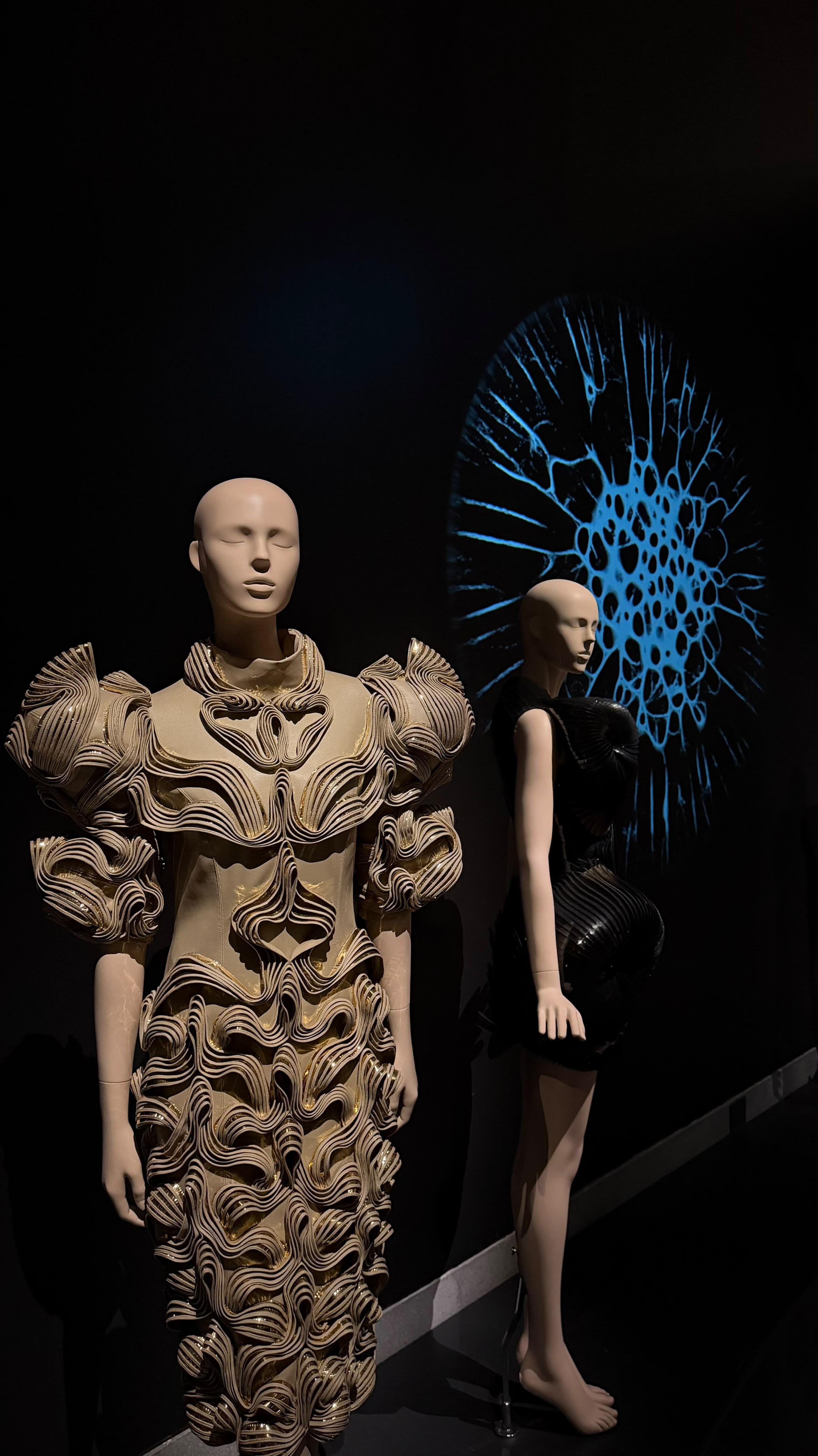 Layered pale and dark Iris van Herpen dresses beside a blue organic projection
