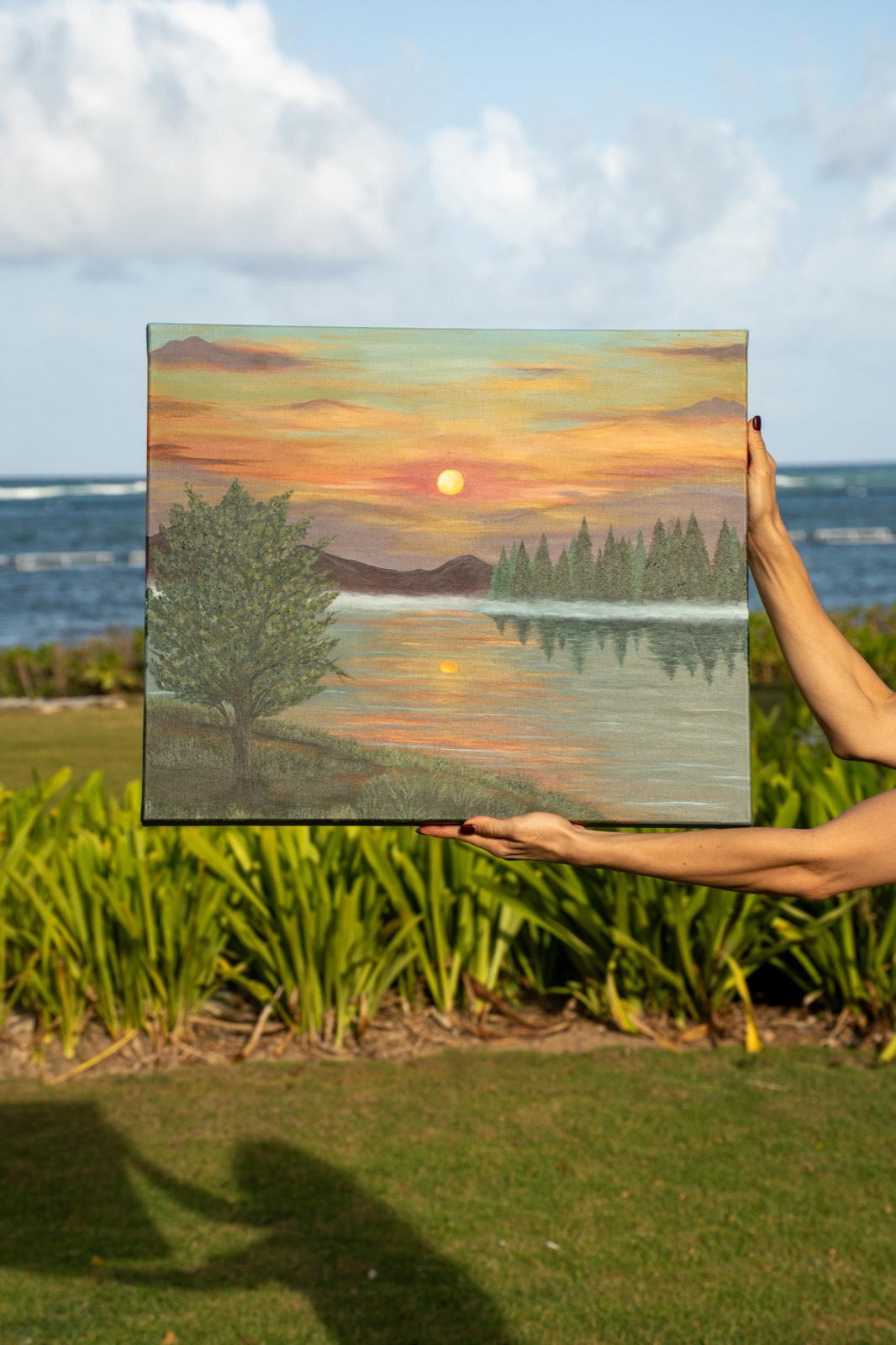 Galina’s original sunset landscape with a lake and trees